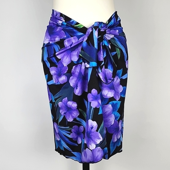 Sarong Beach Wrap Tropical Purple Blue Floral  Print Stretch Drape Knee-Length - Picture 1 of 7
